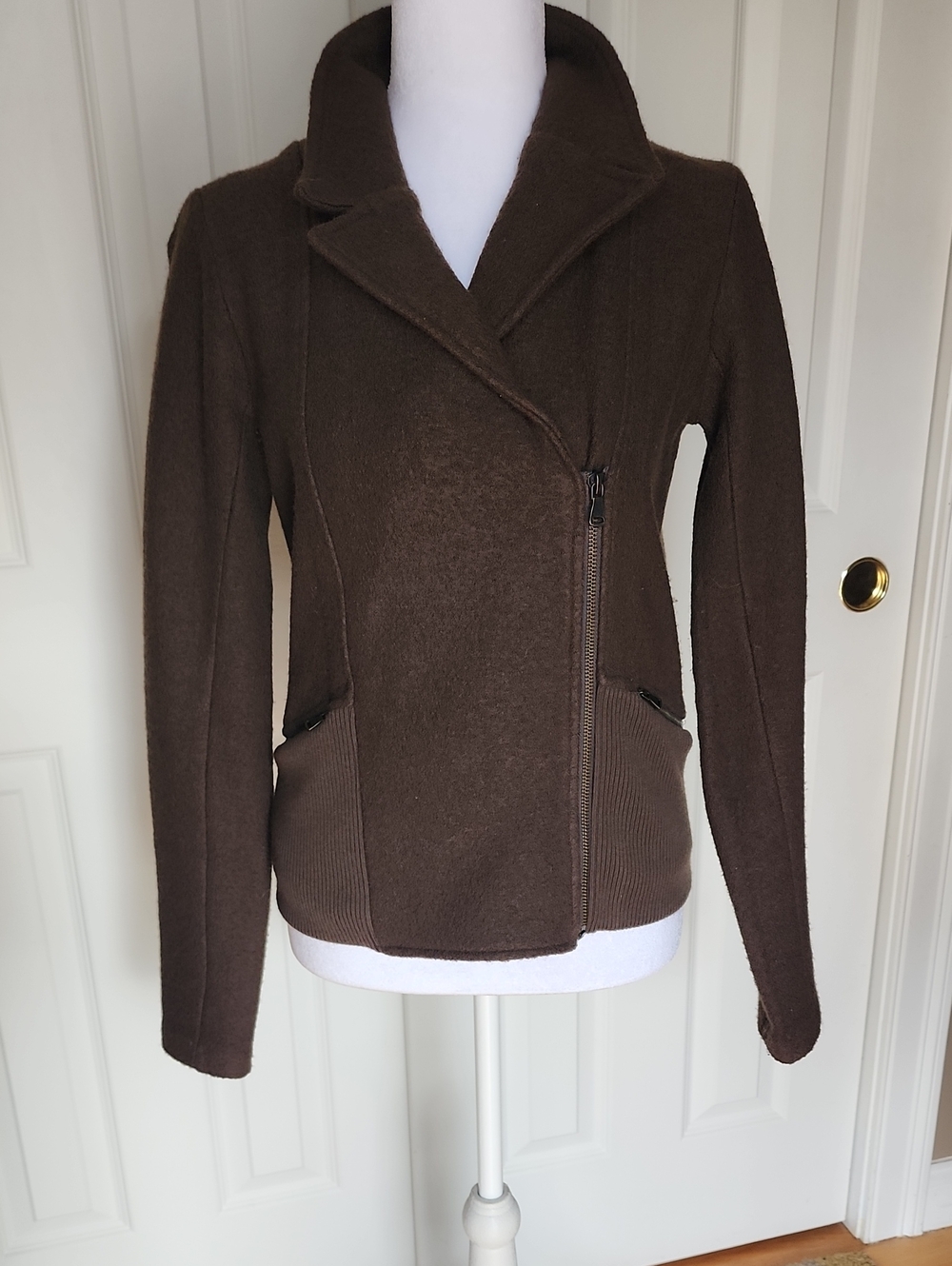 LOFT Olive Green Boiked Merino Wool Asymmetrical Zip Sweater